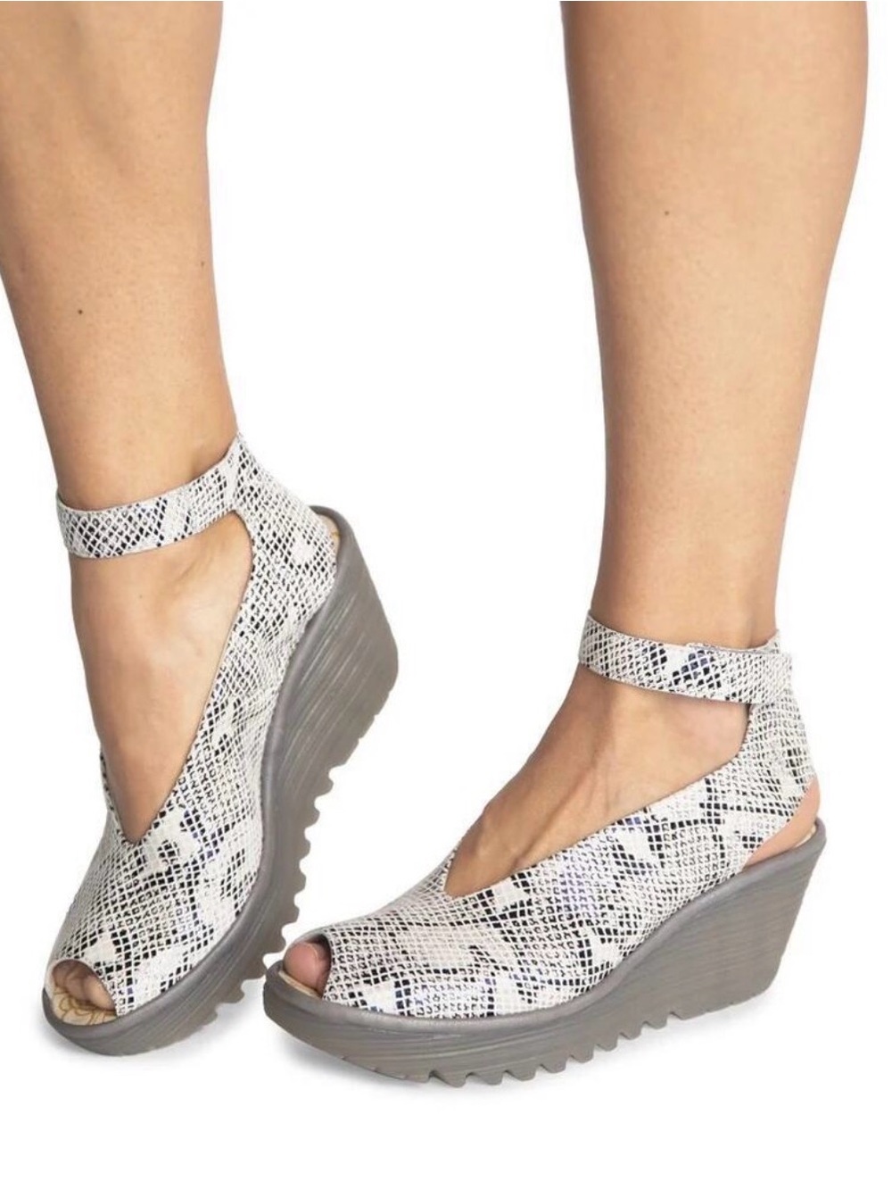 FLY London Yala Snake Print Wedge Off White